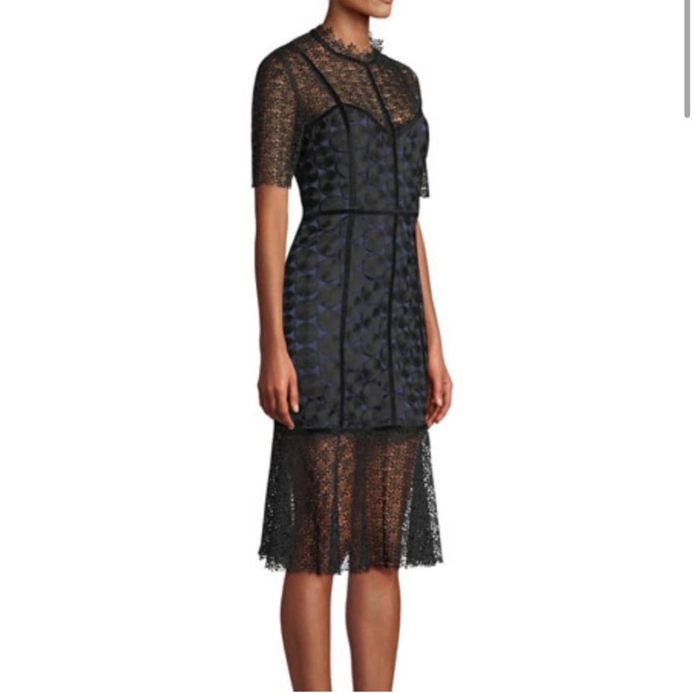 ELIE TAHARI Kaila Black/Dark Blue Guipur Lace Dress, NWT, Size 12